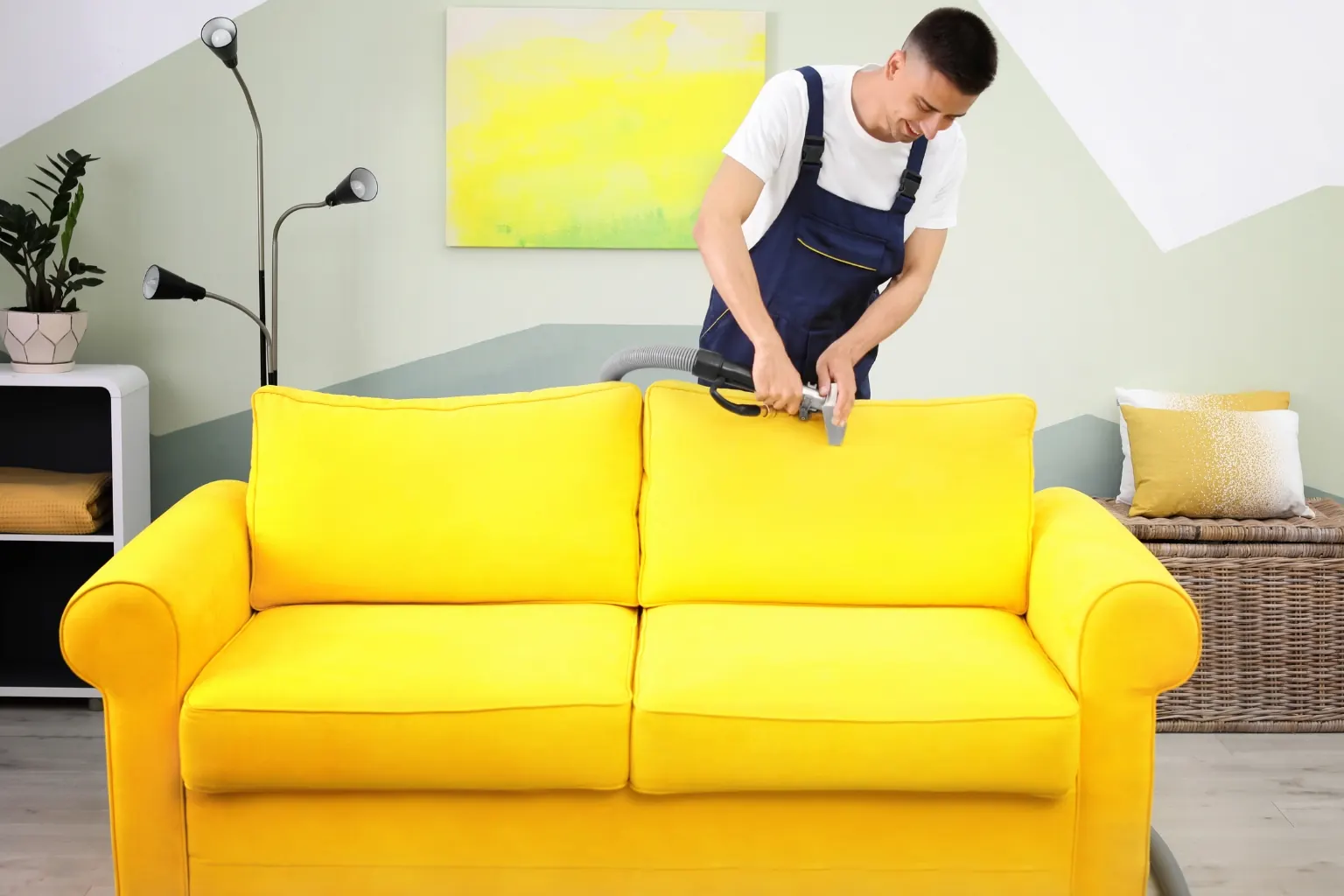 Profissional de macacão limpando sofá amarelo em sala de estar em Copacabana